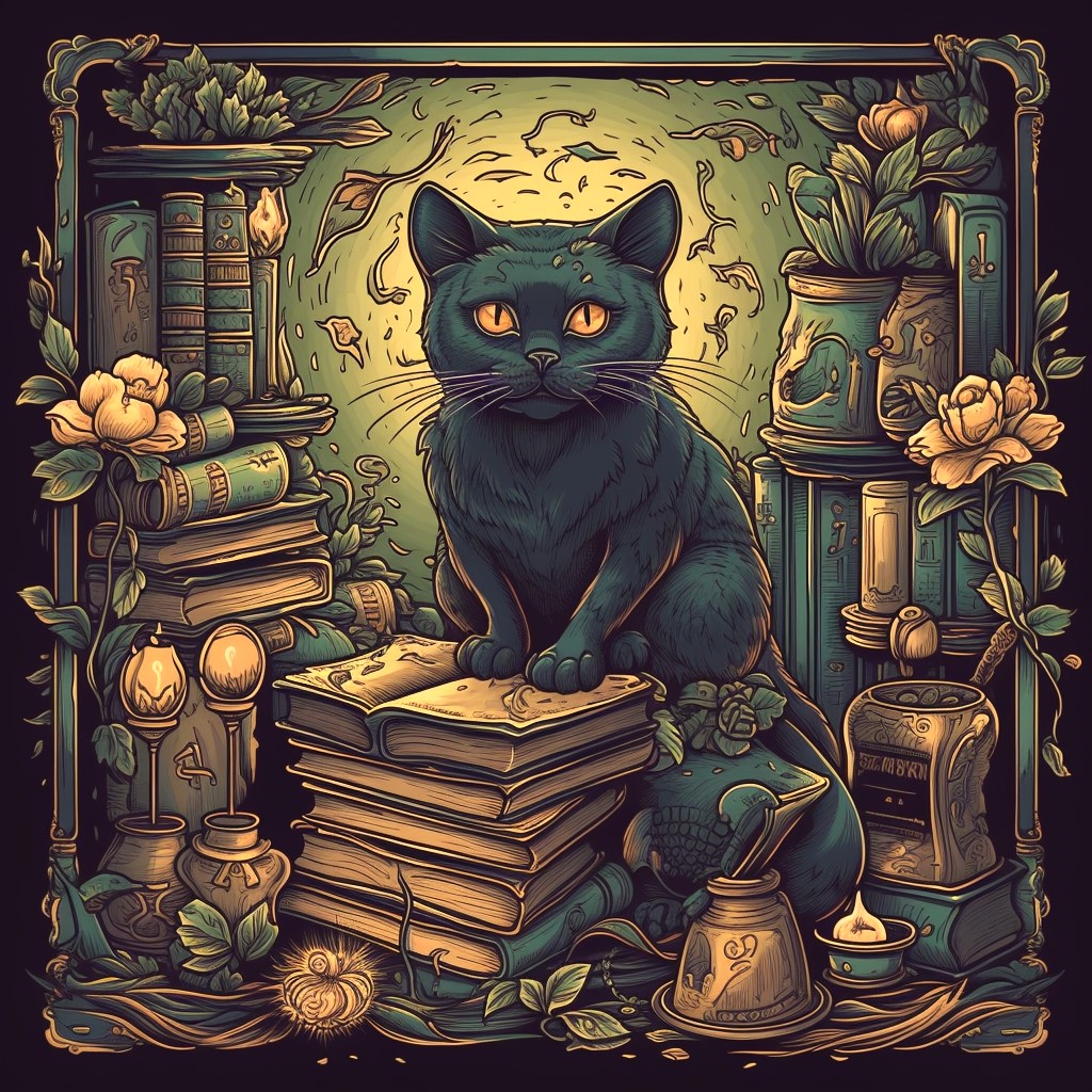 magic library with cat